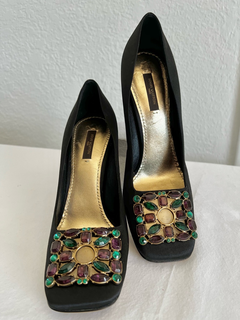 Louis Vuitton Satin Crystal Embellished Square Toe Heels Vintage